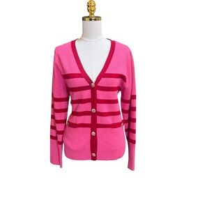 Rachel Zoe Pink Red Striped Button Cardigan XL Gold Buttons